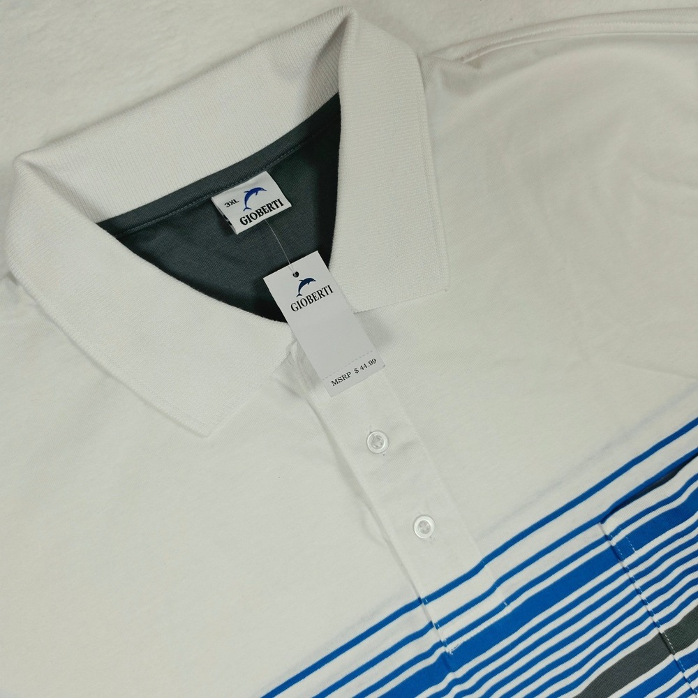 Gioberti Mens 3XL Striped Polo Shirt‎ Short Sleeve Pocket White Blue Grey PS-931